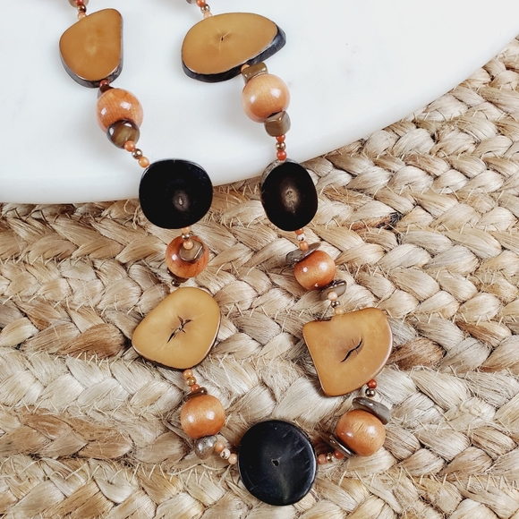 Vintage Boho long petrified chunky wood bead slice necklace - Picture 2 of 14